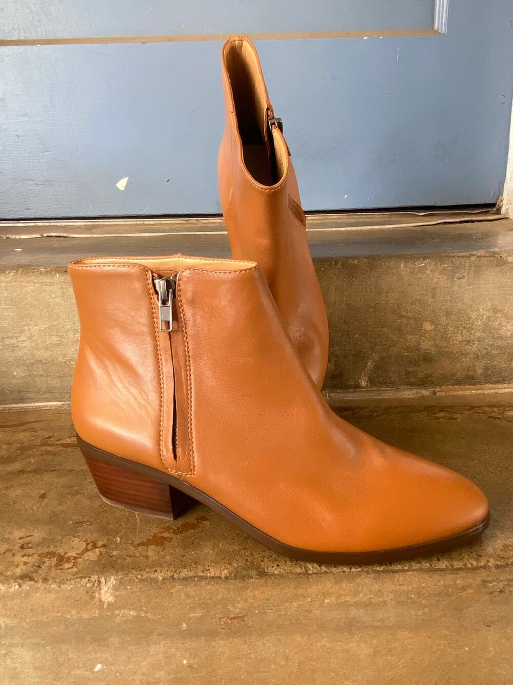 J. Crew tan leather ankle boots with outer zipper, stack heel, and almond toe